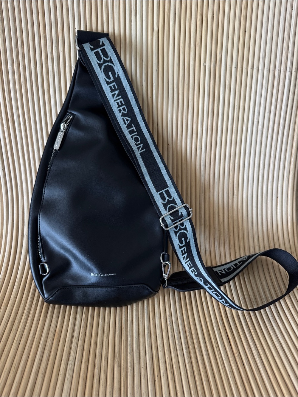 BCBGeneration Black Leather Sling Belt Bag with Logo Strap